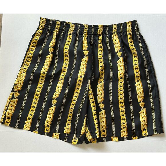 Versace Chain Print Silk Men's Black/Gold Shorts 50 Eu (32”) 1010119 NWT $1500 - Picture 4 of 12